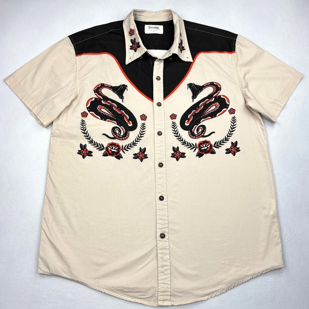 Boozelele Western Shirt Mens Large Tan Black Tattoo Snake Rose Rockabilly Button